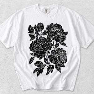 Retro Linocut Peonies Shirt, Vintage Botanical Flower T-Shirt, Cottagecore Floral Tee, Garden Lover Gift