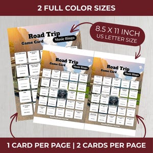 May include: A stack of Road Trip Music Bingo game cards. The cards are 8.5 x 11 inches and feature a road trip theme with a mountain landscape. The text on the cards includes "Road Trip Game Card" and "Music Bingo".