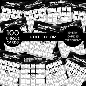 Op de afbeelding: Een verzameling "Classical Music Game Card" bingokaarten. De kaarten zijn wit met zwarte tekst en muzieknoten. De tekst op de kaarten bevat "Classical Music Game Card Music Bingo", "100 Unieke kaarten", "Volle kleur" en "Elke kaart is anders".