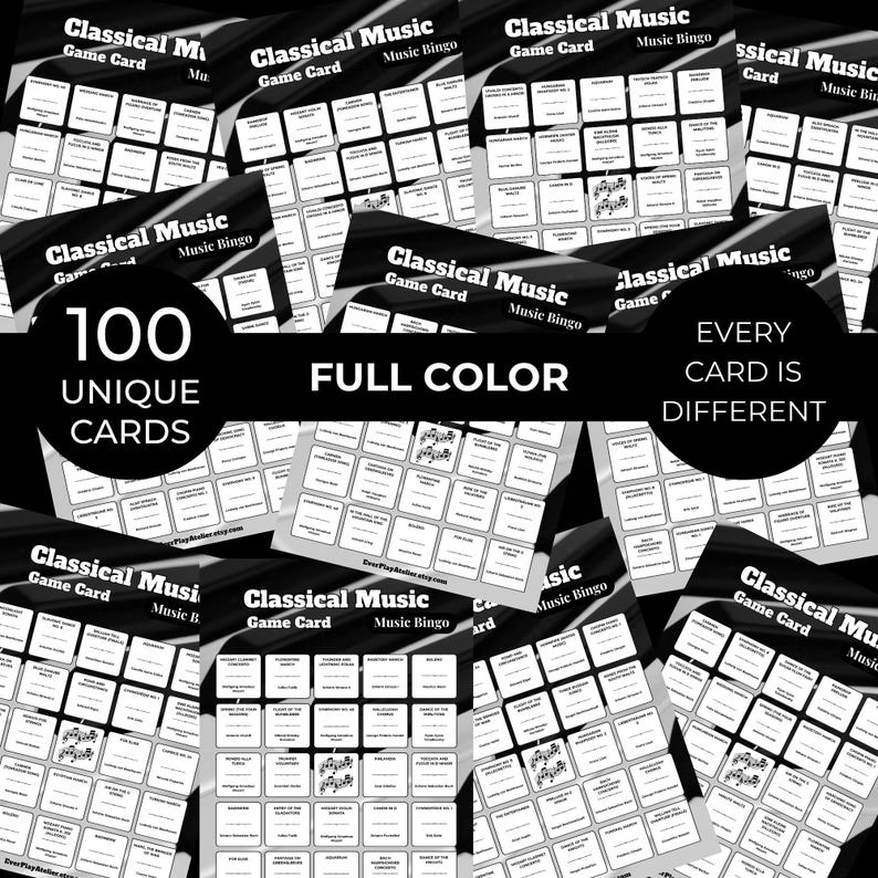 Op de afbeelding: Een verzameling "Classical Music Game Card" bingokaarten. De kaarten zijn wit met zwarte tekst en muzieknoten. De tekst op de kaarten bevat "Classical Music Game Card Music Bingo", "100 Unieke kaarten", "Volle kleur" en "Elke kaart is anders".