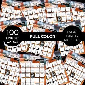 May include: A collection of "Drinking Music Bingo" game cards. Each card features a grid with various drinking-related prompts and a beer mug icon. The cards are full color and the text "100 Unique Cards" is visible.