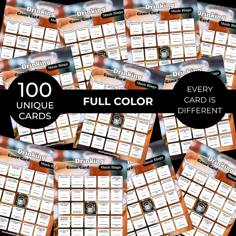 May include: A collection of "Drinking Music Bingo" game cards. Each card features a grid with various drinking-related prompts and a beer mug icon. The cards are full color and the text "100 Unique Cards" is visible.