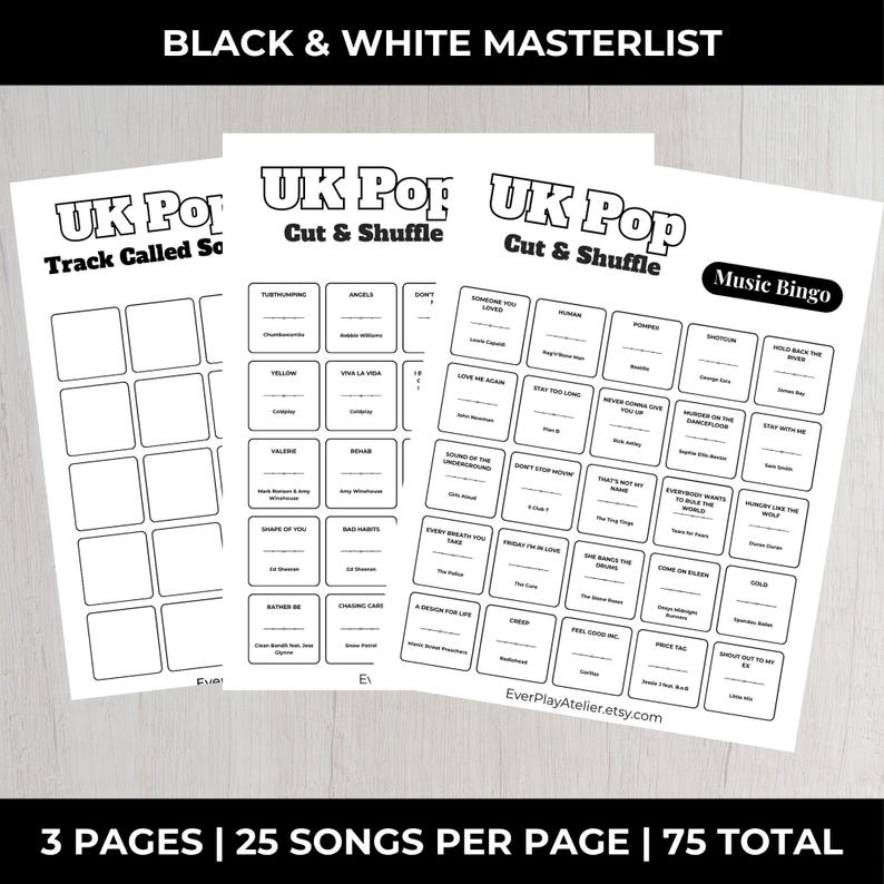 以下が含まれることがあります： 黒いテキストが書かれた3枚の白い紙。一番上のシートには「UK Pop Track Called So」と書かれています。他の2枚のシートには「UK Pop Cut & Shuffle」と書かれています。右側のシートには「Music Bingo」という文字があります。上部には「BLACK & WHITE MASTERLIST」という文字があります。