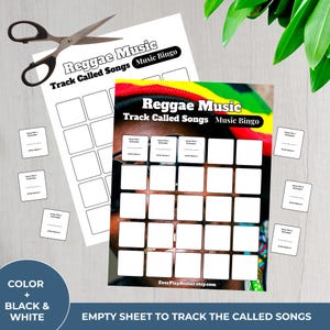 Puede incluir: Una hoja de juego de bingo de Reggae Music con el texto "Reggae Music Track Called Songs Music Bingo". La hoja tiene cuadrados en blanco para t&iacute;tulos de canciones y nombres de artistas. Incluye tarjetas peque&ntilde;as y unas tijeras.