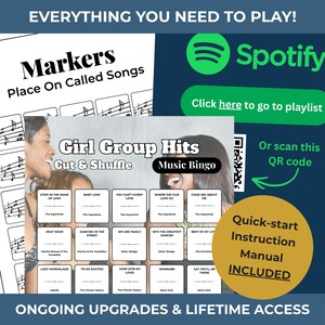 May include: A music-themed game set with the text "Markers Place On Called Songs" and "Girl Group Hits Music Bingo." Includes a Spotify logo, QR code, and a quick-start instruction manual.