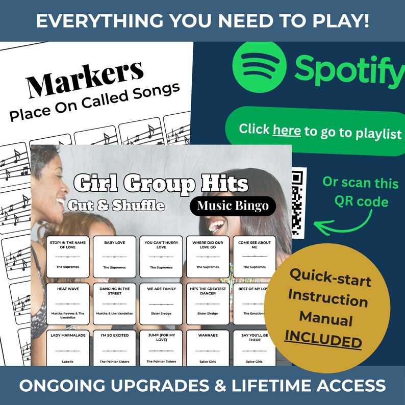 May include: A music-themed game set with the text "Markers Place On Called Songs" and "Girl Group Hits Music Bingo." Includes a Spotify logo, QR code, and a quick-start instruction manual.