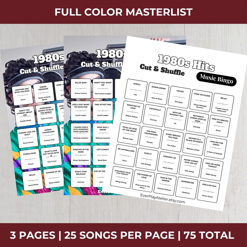 80s Music Bingo Game | 100 Printable Cards | 75 Songs & Spotify Playlist | Digital Products Download imagen 13