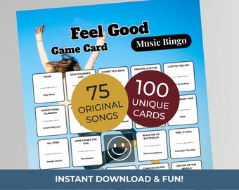 Feel-Good MUSIC BINGO Game | 100 Printable Cards + 75 Songs & Spotify Playlist (Digital Products)