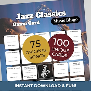 K&ouml;nnte beinhalten: Eine Jazz Classics Music Bingo Spielkarte mit blauem Hintergrund und einem Saxophon. Die Karte enth&auml;lt 75 Originalsongs und 100 einzigartige Karten. Der Text "Sofortiger Download & Spa&szlig;!" steht unten.