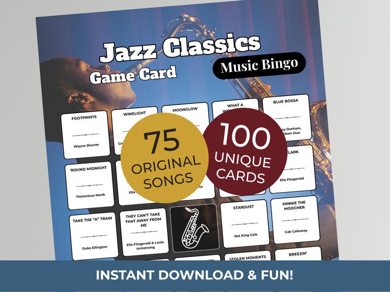 K&ouml;nnte beinhalten: Eine Jazz Classics Music Bingo Spielkarte mit blauem Hintergrund und einem Saxophon. Die Karte enth&auml;lt 75 Originalsongs und 100 einzigartige Karten. Der Text "Sofortiger Download & Spa&szlig;!" steht unten.