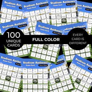 May include: A collection of Stadium Anthems Music Bingo game cards featuring a blue header with white text, a stadium background, and a grid of song titles. The cards include the text 100 UNIQUE CARDS, FULL COLOR, and EVERY CARD IS DIFFERENT.