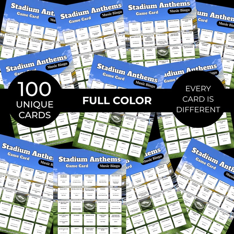 May include: A collection of Stadium Anthems Music Bingo game cards featuring a blue header with white text, a stadium background, and a grid of song titles. The cards include the text 100 UNIQUE CARDS, FULL COLOR, and EVERY CARD IS DIFFERENT.