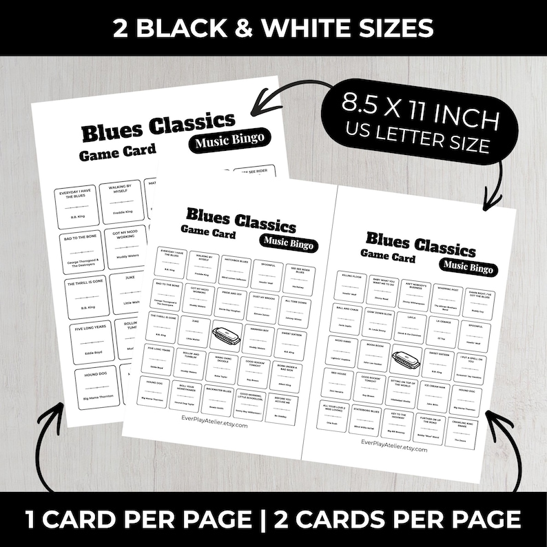Pode incluir: Cart&otilde;es de jogo de bingo musical Blues Classics em preto e branco. Os cart&otilde;es medem 21,6 x 27,9 cm, tamanho carta dos EUA. Os cart&otilde;es de jogo t&ecirc;m uma grade de quadrados com t&iacute;tulos de m&uacute;sicas e um gr&aacute;fico de gaita. O texto nos cart&otilde;es diz "Blues Classics Game Card Music Bingo".