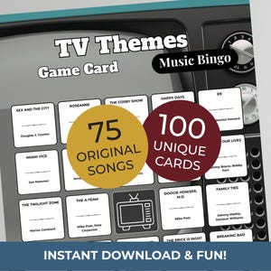 Puede incluir: Una tarjeta de juego de Bingo musical de temas de TV con un dise&ntilde;o de televisi&oacute;n retro. La tarjeta presenta cuadrados con t&iacute;tulos de programas de televisi&oacute;n y el texto "75 canciones originales" y "100 tarjetas &uacute;nicas". La parte inferior de la tarjeta dice "&iexcl;DESCARGA INSTANT&Aacute;NEA Y DIVERSI&Oacute;N!"