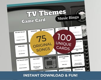 May include: A TV Themes Music Bingo game card with a retro television design. The card features squares with TV show titles and the text "75 Original Songs" and "100 Unique Cards." The bottom of the card reads "INSTANT DOWNLOAD & FUN!"