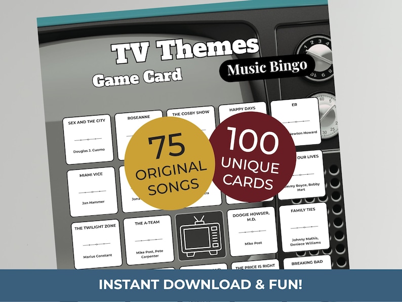 Puede incluir: Una tarjeta de juego de Bingo musical de temas de TV con un dise&ntilde;o de televisi&oacute;n retro. La tarjeta presenta cuadrados con t&iacute;tulos de programas de televisi&oacute;n y el texto "75 canciones originales" y "100 tarjetas &uacute;nicas". La parte inferior de la tarjeta dice "&iexcl;DESCARGA INSTANT&Aacute;NEA Y DIVERSI&Oacute;N!"