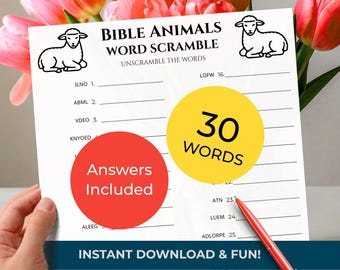 BIBLE ANIMALS Word Scramble Game • 30 words • Group Trivia Quiz (included!) • Printable Puzzle (Download)