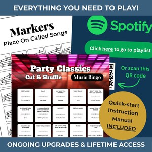 May include: A music-themed game set with the text "Markers Place On Called Songs" and "Party Classics Cut & Shuffle Music Bingo." Includes a Spotify playlist link and a quick-start instruction manual.