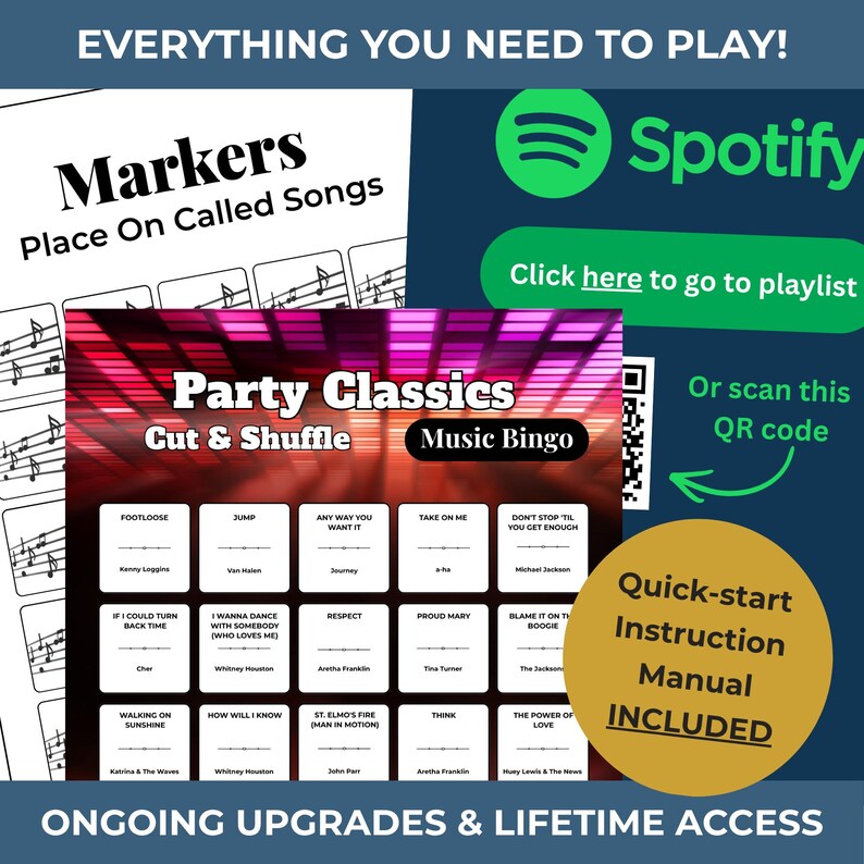 May include: A music-themed game set with the text "Markers Place On Called Songs" and "Party Classics Cut & Shuffle Music Bingo." Includes a Spotify playlist link and a quick-start instruction manual.