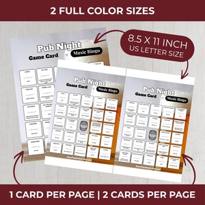 K&ouml;nnte beinhalten: Zwei "Pub Night Music Bingo" Spielkarten werden gezeigt, mit dem Text "2 FULL COLOR SIZES" und "8.5 X 11 INCH US LETTER SIZE". Die Karten haben ein Rasterlayout mit verschiedenen Musikbegriffen. Der Text unten lautet "1 CARD PER PAGE | 2 CARDS PER PAGE".