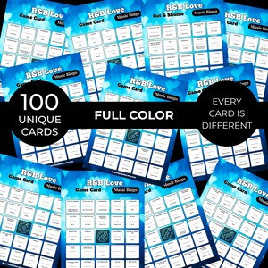 Puede incluir: Un conjunto de tarjetas de juego R&B Love Music Bingo. Cada tarjeta es a todo color y &uacute;nica, con un total de 100 tarjetas &uacute;nicas. Las tarjetas tienen un fondo azul con corazones blancos y texto.