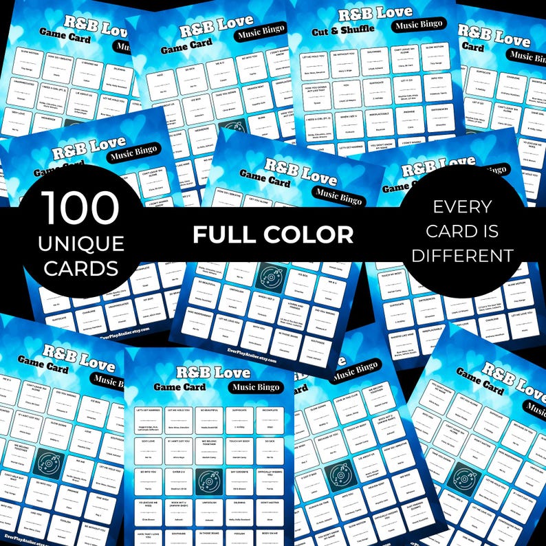 Puede incluir: Un conjunto de tarjetas de juego R&B Love Music Bingo. Cada tarjeta es a todo color y &uacute;nica, con un total de 100 tarjetas &uacute;nicas. Las tarjetas tienen un fondo azul con corazones blancos y texto.