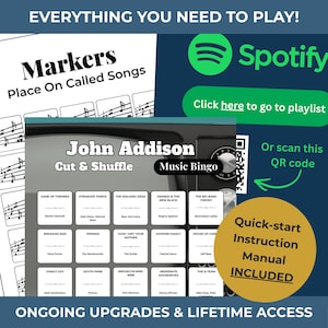 Puede incluir: Un juego de bingo musical con el texto "John Addison Cut & Shuffle Music Bingo". Incluye un manual de instrucciones de inicio r&aacute;pido. El juego presenta t&iacute;tulos de canciones de programas de televisi&oacute;n populares. Tambi&eacute;n se ve un logotipo de Spotify y un c&oacute;digo QR.