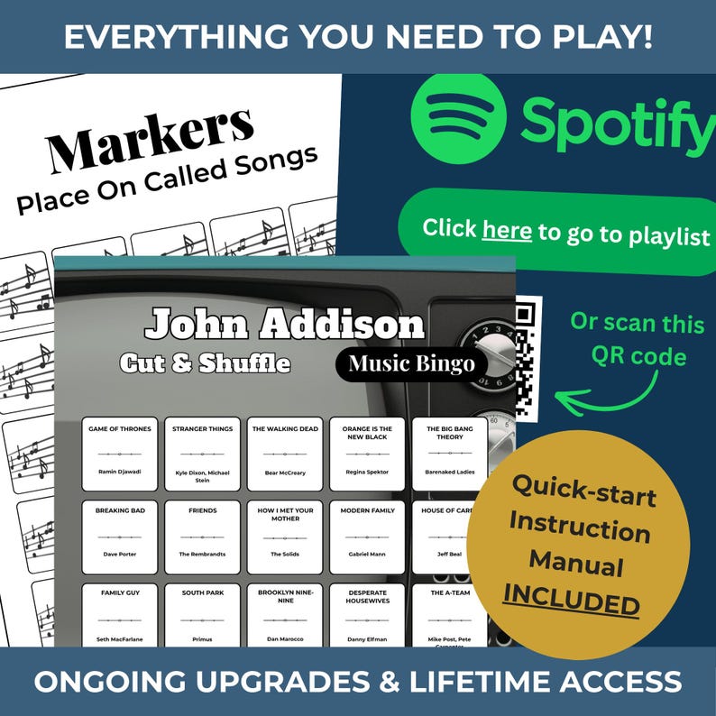 Puede incluir: Un juego de bingo musical con el texto "John Addison Cut & Shuffle Music Bingo". Incluye un manual de instrucciones de inicio r&aacute;pido. El juego presenta t&iacute;tulos de canciones de programas de televisi&oacute;n populares. Tambi&eacute;n se ve un logotipo de Spotify y un c&oacute;digo QR.