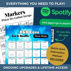 Puede incluir: Un juego de mesa con el texto "R&B Love Music Bingo" y "Markers Place On Called Songs". Incluye un manual de instrucciones de inicio r&aacute;pido. Tambi&eacute;n hay un logotipo de Spotify y un c&oacute;digo QR.