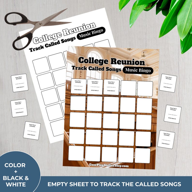 Pode incluir: Duas folhas de jogo "College Reunion Track Called Songs Music Bingo" com quadrados em branco. Inclui pequenos cart&otilde;es para t&iacute;tulos de m&uacute;sicas e nomes de artistas. Uma tesoura est&aacute; no canto superior esquerdo. O texto "COLOR + BLACK & WHITE" est&aacute; no canto inferior esquerdo.