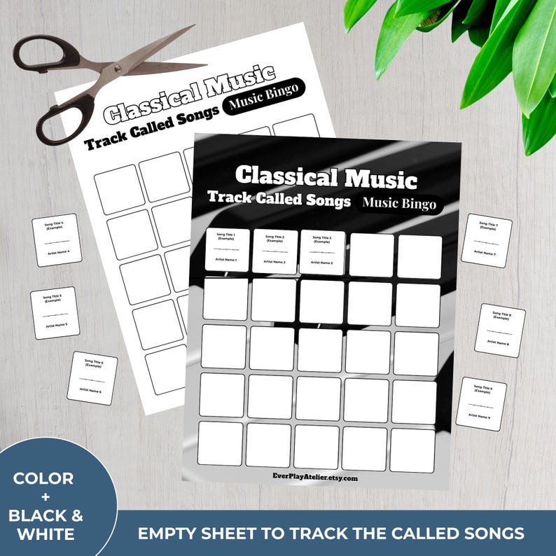 Op de afbeelding: Zwart-witte "Classical Music" bingovellen met de tekst "Track Called Songs Music Bingo". Inclusief individuele songtitel- en artiestennaamkaarten en een schaar. De vellen zijn ontworpen om nummers te volgen.