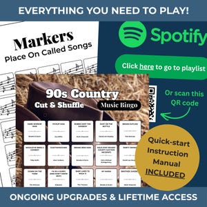 May include: A 90s Country Music Bingo game with a cowboy hat graphic. Includes a quick-start instruction manual. The game features song titles and artist names. The image also includes a Spotify logo and a QR code to access a playlist.