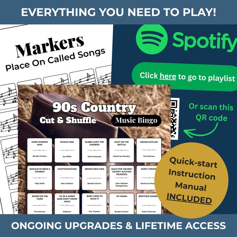 May include: A 90s Country Music Bingo game with a cowboy hat graphic. Includes a quick-start instruction manual. The game features song titles and artist names. The image also includes a Spotify logo and a QR code to access a playlist.