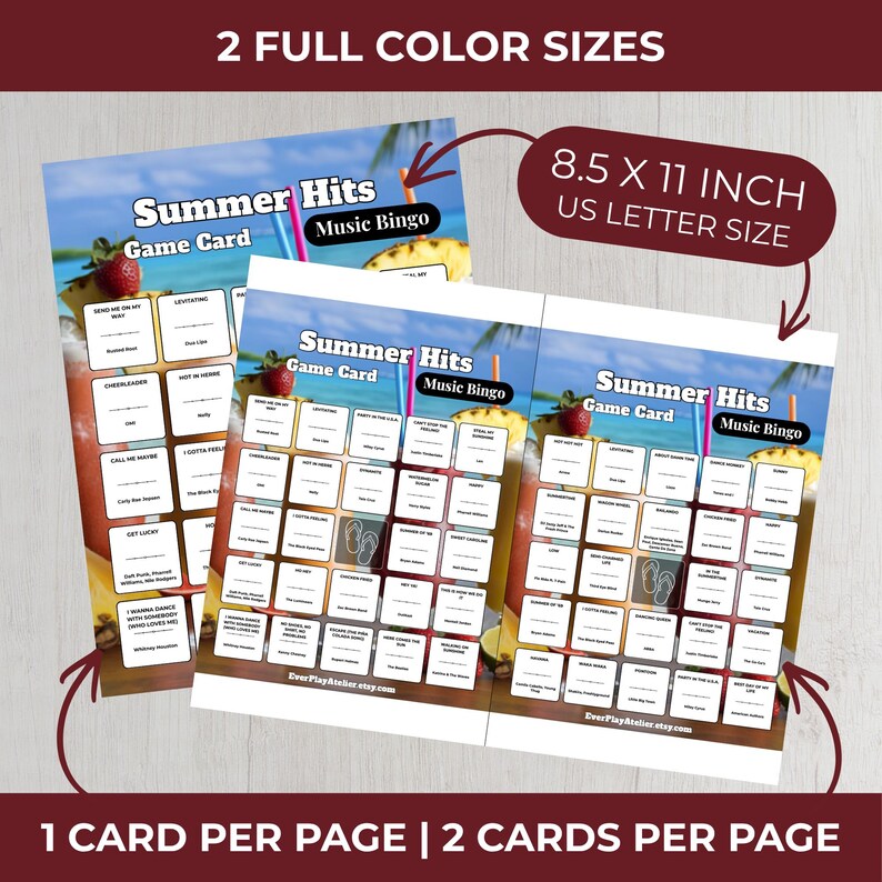 Puede incluir: Dos tarjetas de juego "Summer Hits Music Bingo", cada una de aproximadamente 21,6 x 28 cm. Las tarjetas presentan un tema tropical con im&aacute;genes de c&oacute;cteles y fresas. El texto incluye "Game Card" y "Music Bingo".