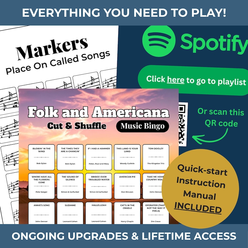 Może przedstawiać: Gra w bingo muzyczne Folk and Americana z instrukcją szybkiego startu. Gra zawiera markery, kod QR do playlisty Spotify oraz tytuły piosenek, takie jak "Blowin' in the Wind" i "American Pie."