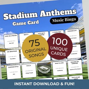 May include: A Stadium Anthems Music Bingo game card featuring a grid of song titles and artists. Overlaid are two circles stating 75 ORIGINAL SONGS and 100 UNIQUE CARDS. The background shows a stadium field under a blue sky with white clouds.