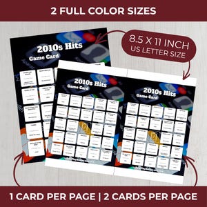 Puede incluir: Se muestran dos tarjetas de juego con el texto "2010s Hits Game Card". Las tarjetas miden 21,59 x 27,94 cm. Las tarjetas tienen un fondo negro con texto blanco y un dise&ntilde;o colorido. Las tarjetas est&aacute;n etiquetadas como "1 tarjeta por p&aacute;gina" y "2 tarjetas por p&aacute;gina".