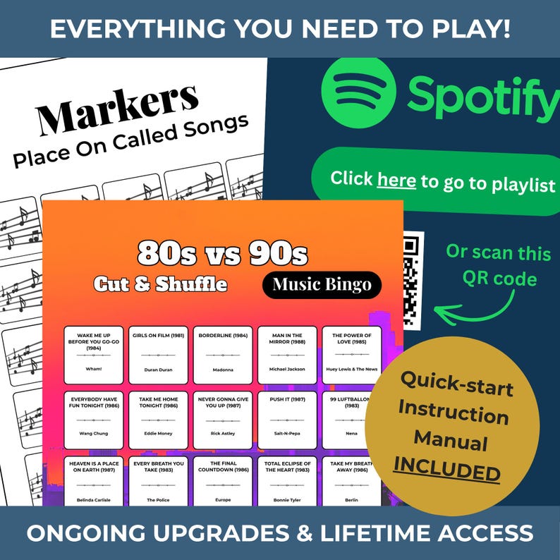 Puede incluir: Un juego tem&aacute;tico musical con el texto "Markers Place On Called Songs" y "80s vs 90s Music Bingo". Incluye un enlace a una lista de reproducci&oacute;n de Spotify y un c&oacute;digo QR. Se incluye un manual de instrucciones de inicio r&aacute;pido.