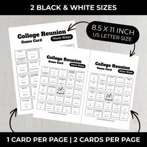 Pode incluir: Duas cartas de jogo "College Reunion Music Bingo" em preto e branco. As cartas medem 21,6 x 27,9 cm. O texto nas cartas inclui "College Reunion Game Card Music Bingo" e "1 carta por p&aacute;gina | 2 cartas por p&aacute;gina."