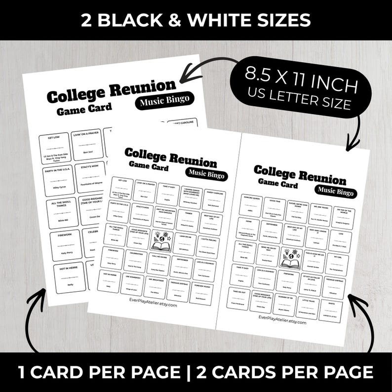 Pode incluir: Duas cartas de jogo "College Reunion Music Bingo" em preto e branco. As cartas medem 21,6 x 27,9 cm. O texto nas cartas inclui "College Reunion Game Card Music Bingo" e "1 carta por p&aacute;gina | 2 cartas por p&aacute;gina."