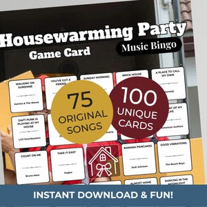 Pode incluir: Um cart&atilde;o de jogo de bingo musical para uma festa de boas-vindas com o texto "Housewarming Party Music Bingo Game Card". O jogo inclui 75 m&uacute;sicas originais e 100 cartas &uacute;nicas. A parte inferior do cart&atilde;o diz "INSTANT DOWNLOAD & FUN!"