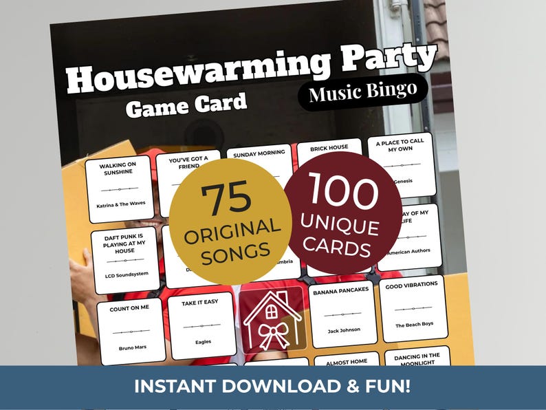 Pode incluir: Um cart&atilde;o de jogo de bingo musical para uma festa de boas-vindas com o texto "Housewarming Party Music Bingo Game Card". O jogo inclui 75 m&uacute;sicas originais e 100 cartas &uacute;nicas. A parte inferior do cart&atilde;o diz "INSTANT DOWNLOAD & FUN!"