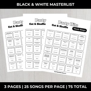 Puede incluir: Tres hojas de juego de bingo en blanco y negro con t&iacute;tulos de canciones. La hoja superior dice "Party Hits Music Bingo". Las otras dos hojas dicen "Party Cut & Shuffle". El texto "BLACK & WHITE MASTERLIST" est&aacute; en la parte superior.