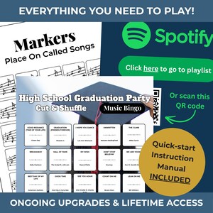 May include: A music-themed party game set with a graduation theme. The set includes a bingo game, a quick-start instruction manual, and a Spotify playlist link. The bingo cards feature song titles. The text on the image says "Everything You Need to Play!"