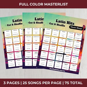 K&ouml;nnte beinhalten: Drei farbenfrohe Latin-Musik-Bingo-Karten mit spanischen Songtiteln. Jede Karte ist mit "Latin Cut & Shuffle" oder "Latin Hits Music Bingo" beschriftet. Die Karten haben einen Aquarellhintergrund mit einem Sonnenuntergangsdesign. Der Text "EverPlayAtelier.etsy.com" ist sichtbar.