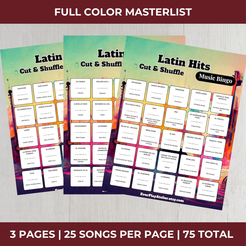 K&ouml;nnte beinhalten: Drei farbenfrohe Latin-Musik-Bingo-Karten mit spanischen Songtiteln. Jede Karte ist mit "Latin Cut & Shuffle" oder "Latin Hits Music Bingo" beschriftet. Die Karten haben einen Aquarellhintergrund mit einem Sonnenuntergangsdesign. Der Text "EverPlayAtelier.etsy.com" ist sichtbar.