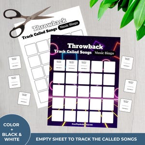 May include: Two sheets of paper with the text "Throwback Track Called Songs Music Bingo" and a bingo grid. The bingo card has a purple and black background with neon pink and blue accents. Scissors are at the top left. Small cards are scattered around.