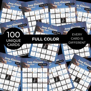 K&ouml;nnte beinhalten: Eine Sammlung von Jazz Classics Music Bingo Spielkarten. Jede Karte hat ein Raster mit Jazz-Begriffen und einer Saxophon-Grafik. Die Karten sind farbig und jede Karte ist anders. Der Text "100 Unique Cards" ist im Bild enthalten.