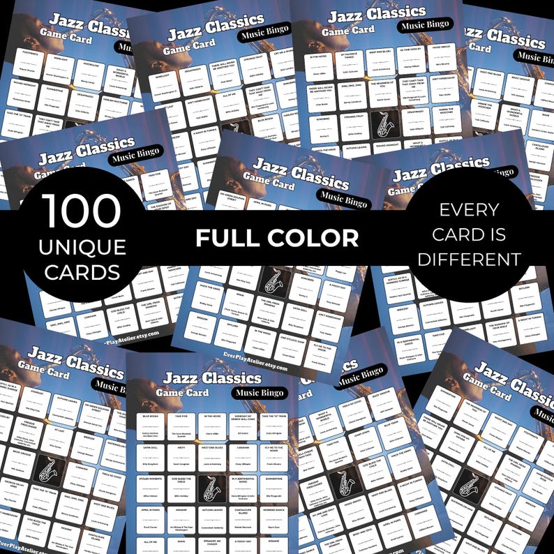 K&ouml;nnte beinhalten: Eine Sammlung von Jazz Classics Music Bingo Spielkarten. Jede Karte hat ein Raster mit Jazz-Begriffen und einer Saxophon-Grafik. Die Karten sind farbig und jede Karte ist anders. Der Text "100 Unique Cards" ist im Bild enthalten.