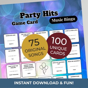 Puede incluir: Una tarjeta de juego azul titulada "Party Hits Music Bingo". La tarjeta presenta t&iacute;tulos de canciones y nombres de artistas, con dos c&iacute;rculos que indican "75 canciones originales" y "100 cartas &uacute;nicas". El texto "&iexcl;Descarga instant&aacute;nea y diversi&oacute;n!" est&aacute; en la parte inferior.